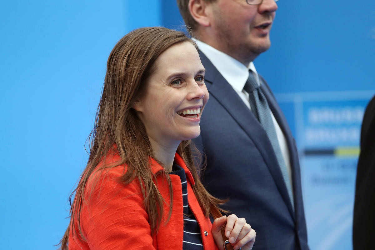 Iceland's Prime Minister Katrin Jakobsdottir arrives for the second day of the NATO summit in Brussels, Belgium. (Reuters Photo)