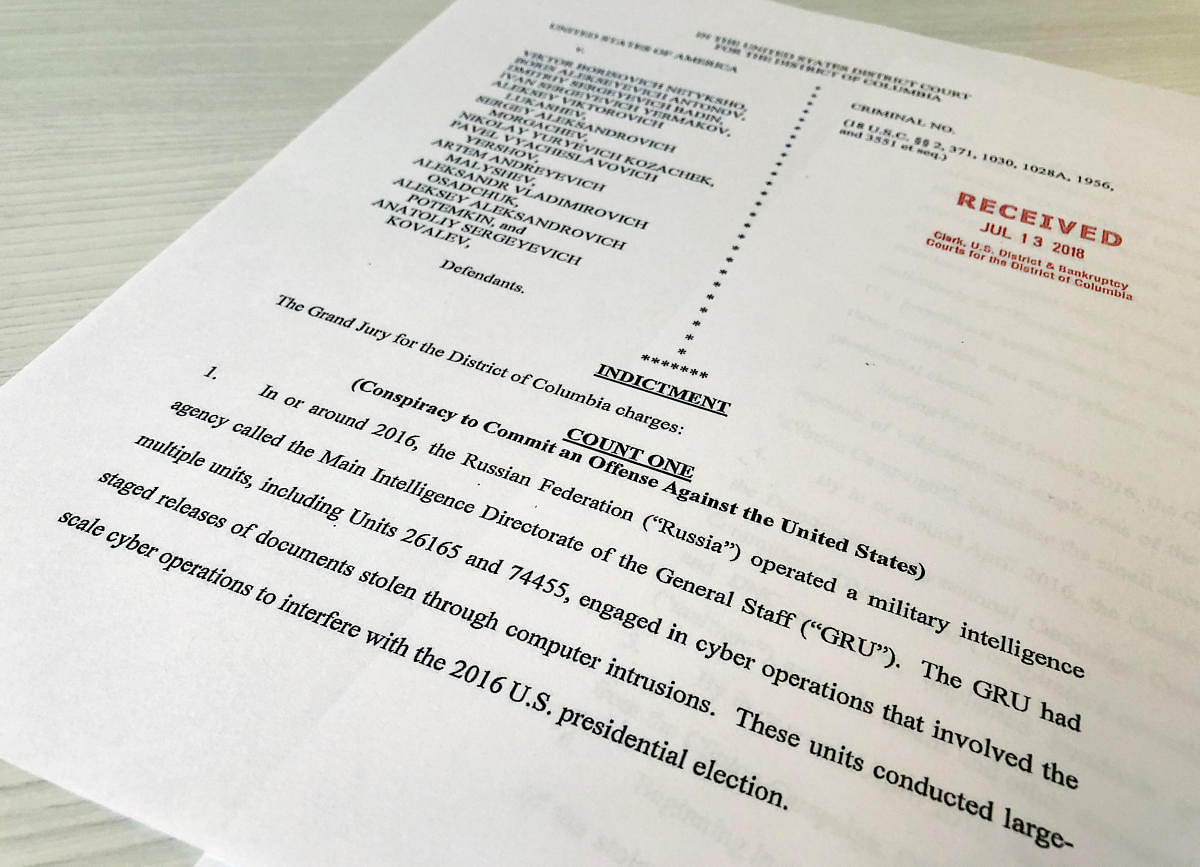 A copy of the grand jury indictment against 12 Russian intelligence officers is seen after the indictments were filed in U.S. District Court by prosecutors working as part of special counsel Robert Mueller's Russia investigation. Reuters photo.