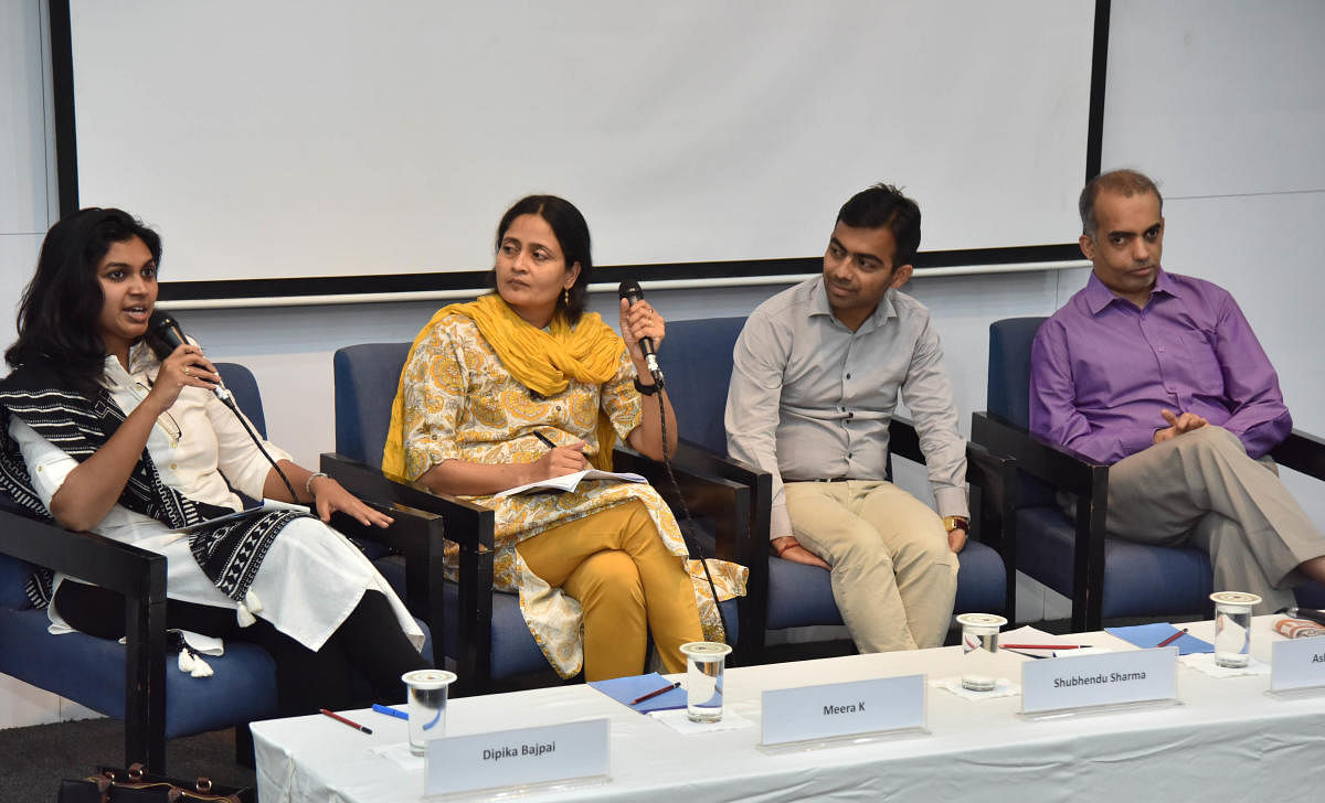 (L-R) Deputy Conservator of Forests Dipika Bajpai; Meera K of Citizen Matters; Shubhendu Sharma, director, Afforest; and urbanist Ashwin Mahesh at a discussion on ‘Protecting Bengaluru’s Greenery — Finding Solutions for a Liveable Bengaluru’ on Saturday. DH PHOTO/Janardhan B K