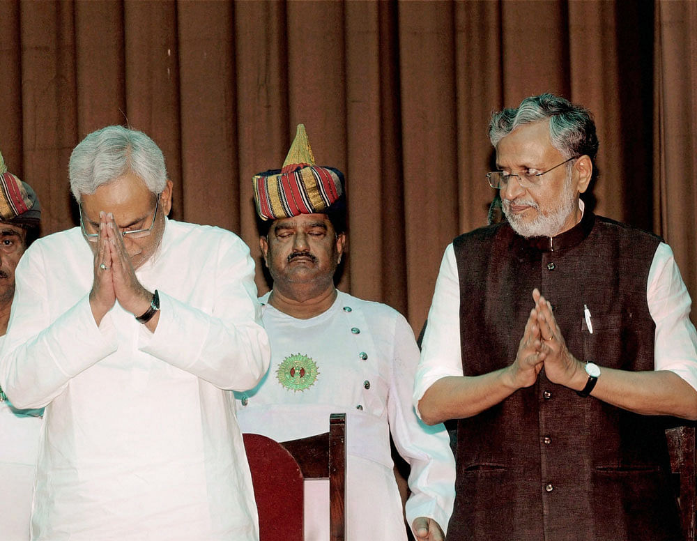 Bihar CM Nitish Kumar and Deputy CM Sushil Kumar Modi. PTI file photo.
