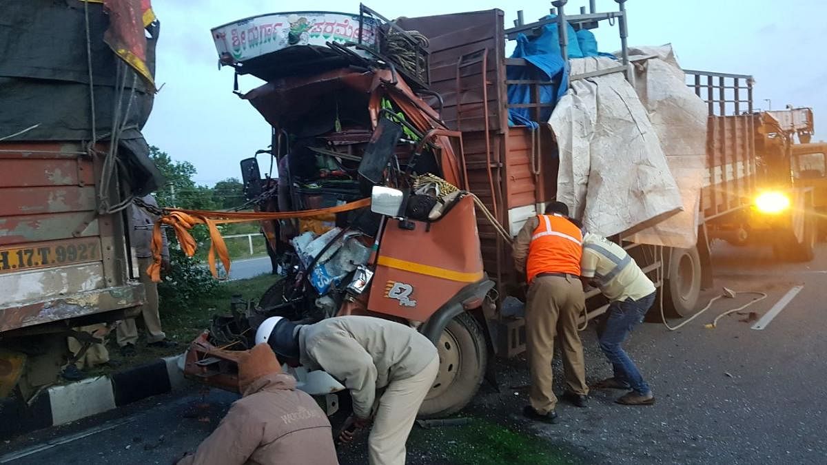 Three people were killed in a highway accident between a canter and a lorry on NH-48, on Tuesday. DH photo.