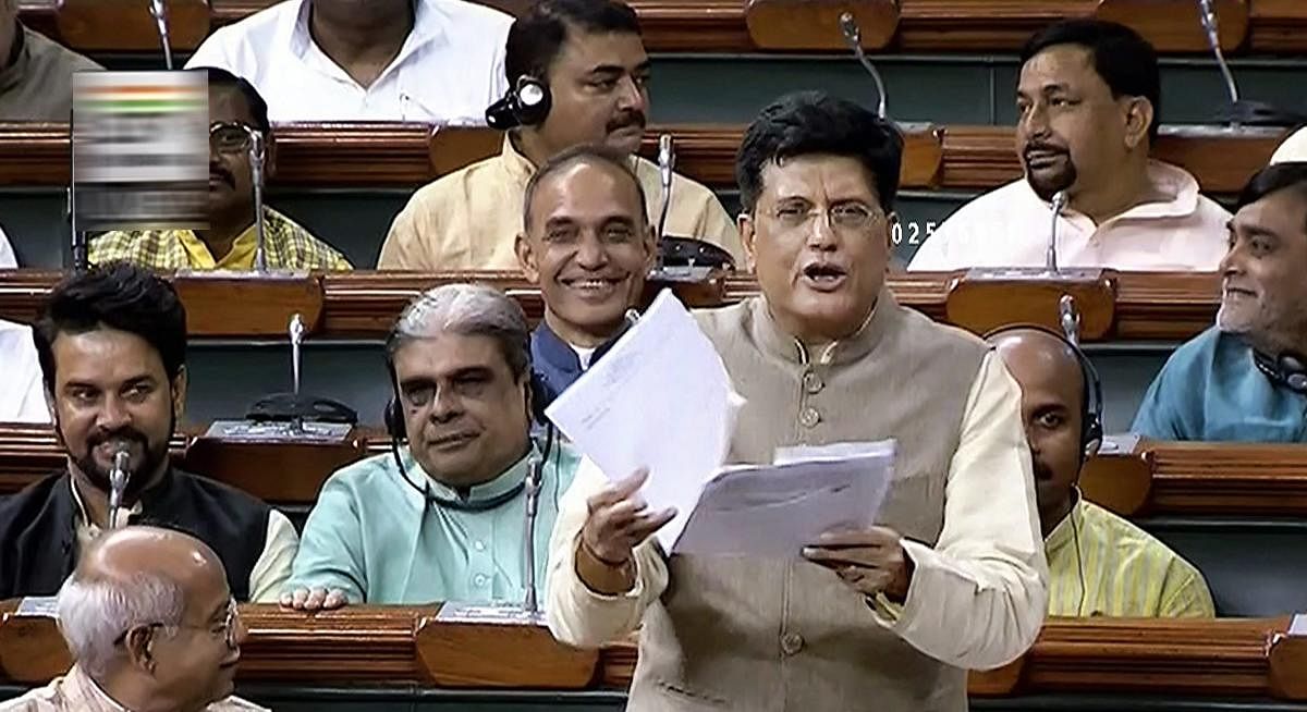 Union Minister Piyush Goyal speaks in the Lok Sabha during the Monsoon session of Parliament, in New Delhi on Thursday. (PTI Photo)