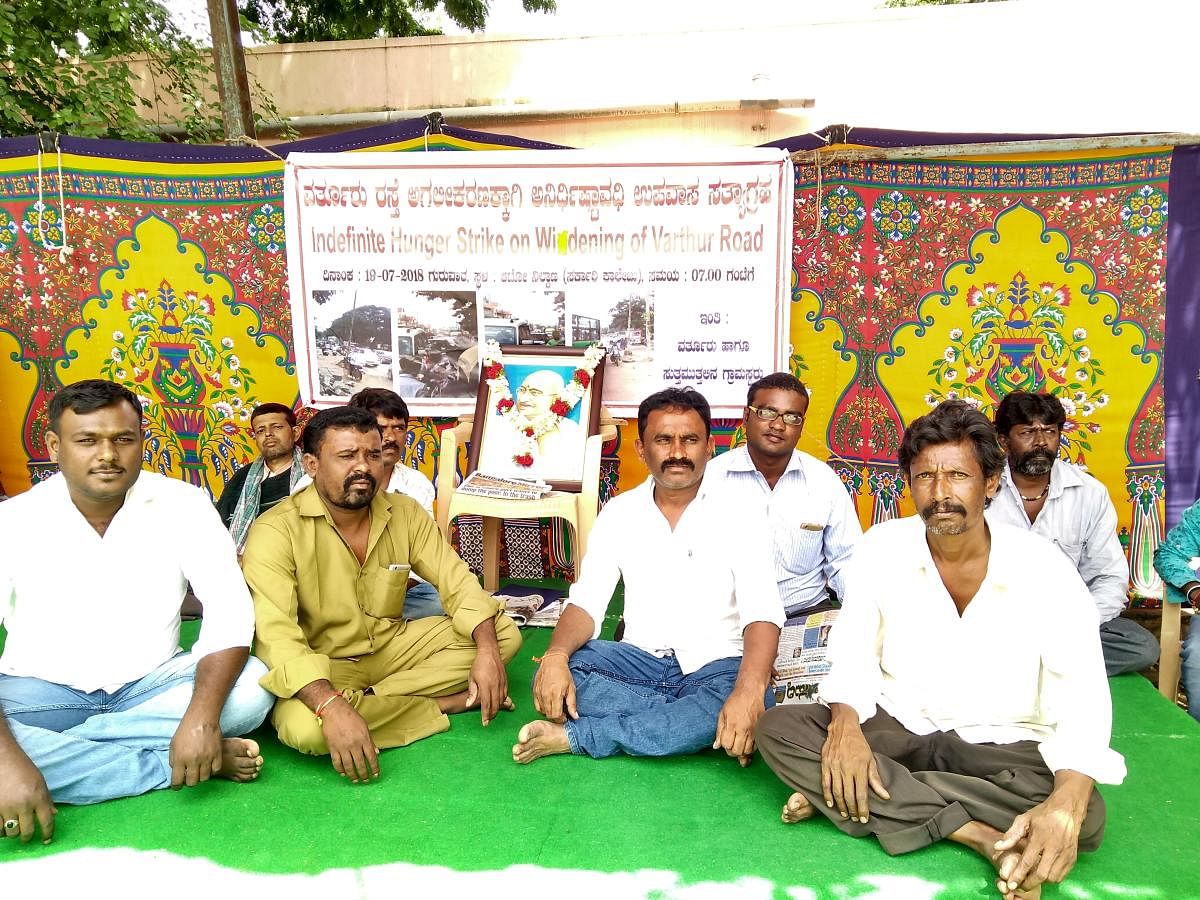 Residents have been on a hunger strike since Thursday, demanding the widening of Varthur road. 