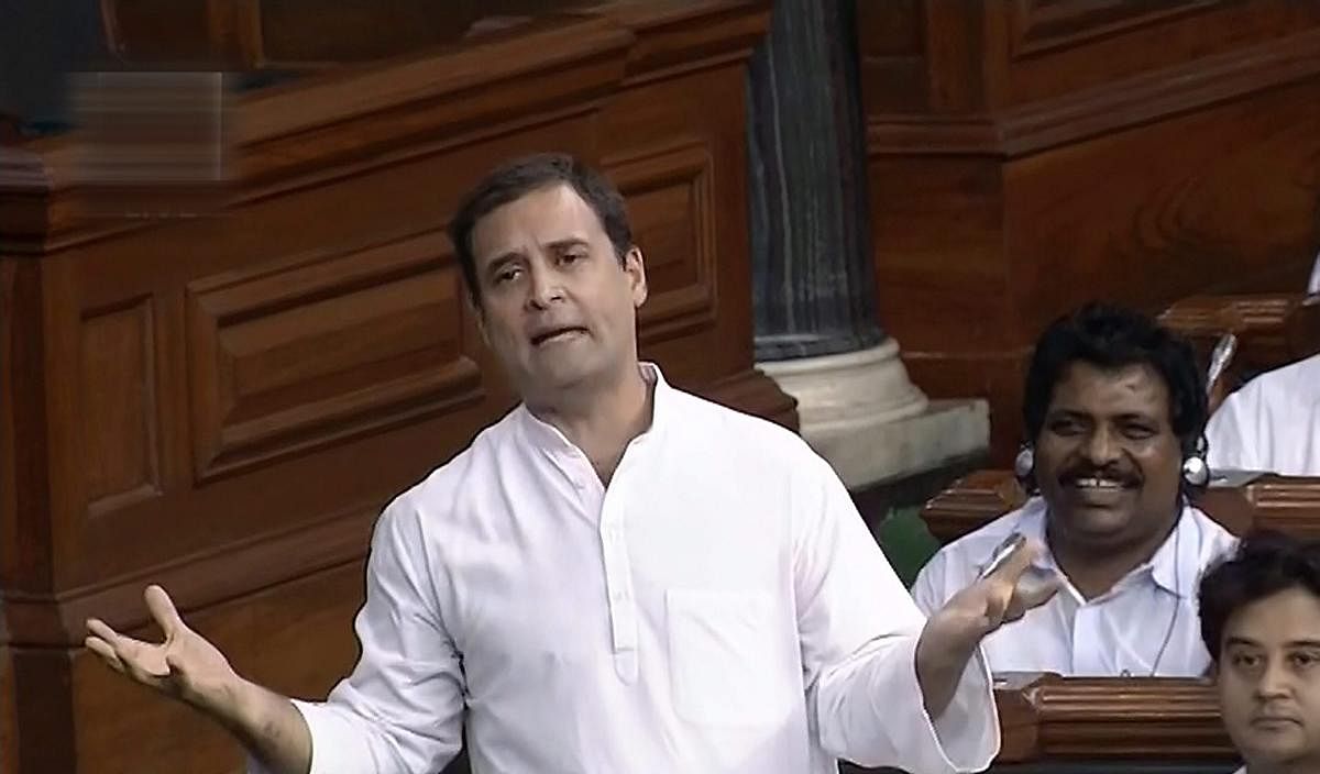  Congress President Rahul Gandhi speaks in the Lok Sabha on 'no-confidence motion' during the Monsoon Session of Parliament, in New Delhi on Friday. PTI Photo