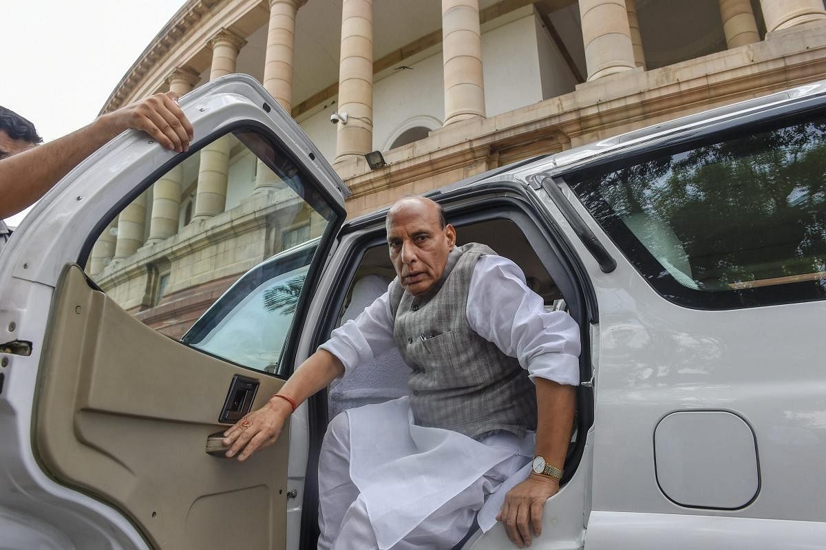 Union Home Minister Rajnath Singh arrives at Parliament House on the first day of the Monsoon Session, in New Delhi on Wednesday, July 18, 2018. (PTI Photo/Kamal Singh)