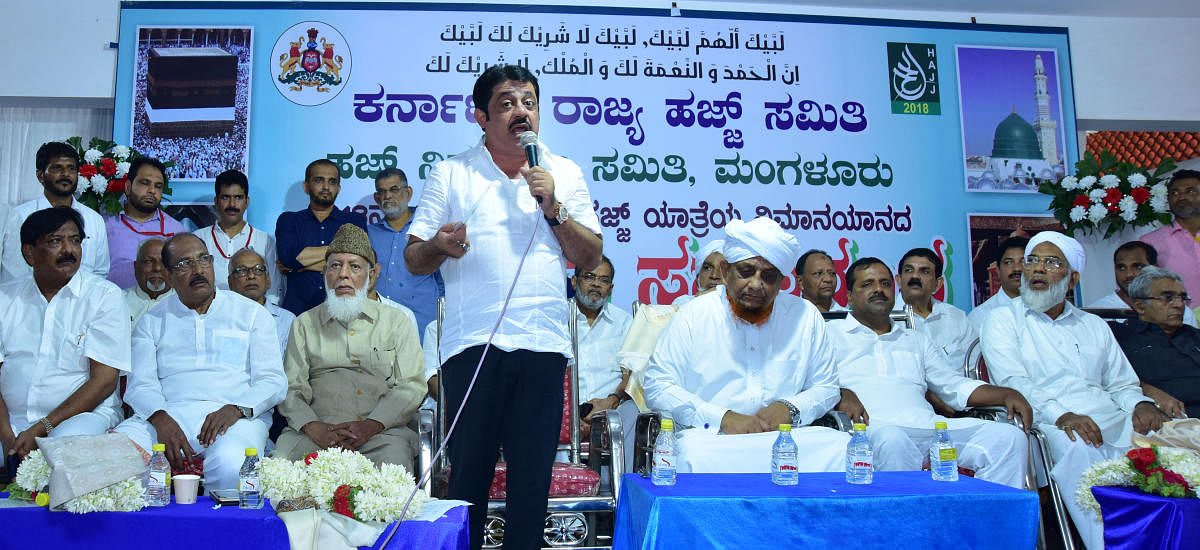 Minister for Minorities Welfare, Haj and Wakf B Z Zameer Ahmed Khan addresses a gathering of Haj pilgrims on the Ansar PU School premises at Bajpe on Saturday.