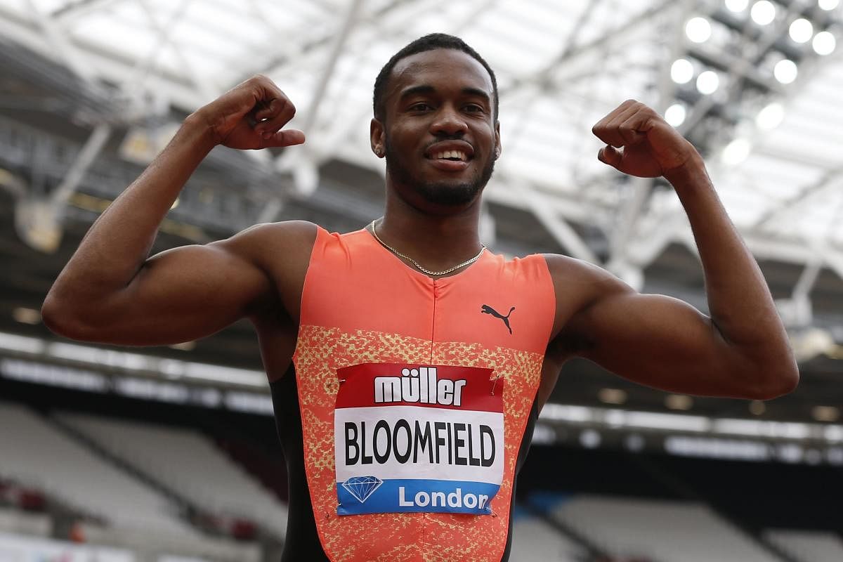 Jamaica's Akeem Bloomfield celebrates after winning the men's 200m in London on Sunday. AFP