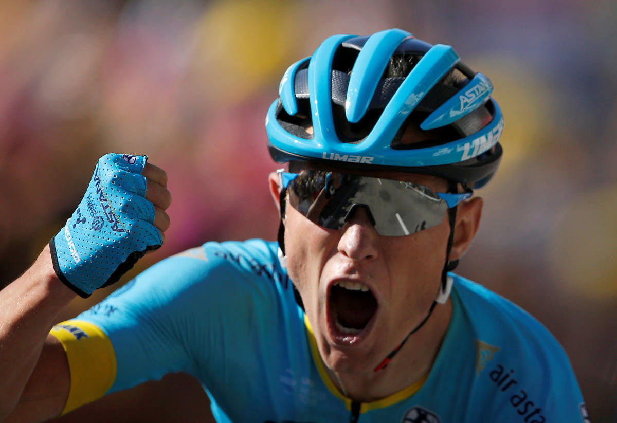 Astana Pro Team rider Magnus Cort Nielsen of Denmark celebrates after winning the 15th stage. Reuters 