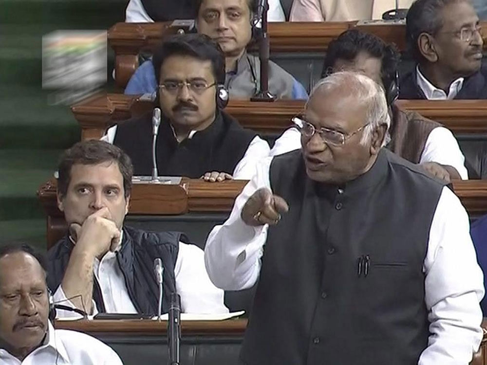 "It is surveillance. Who is he? Why is he taking notes? He is counting the number of MPs,” Kharge told Speaker Sumitra Mahajan as he and his party MPs rose to protest against the activity of the officer. (PTI File Photo)