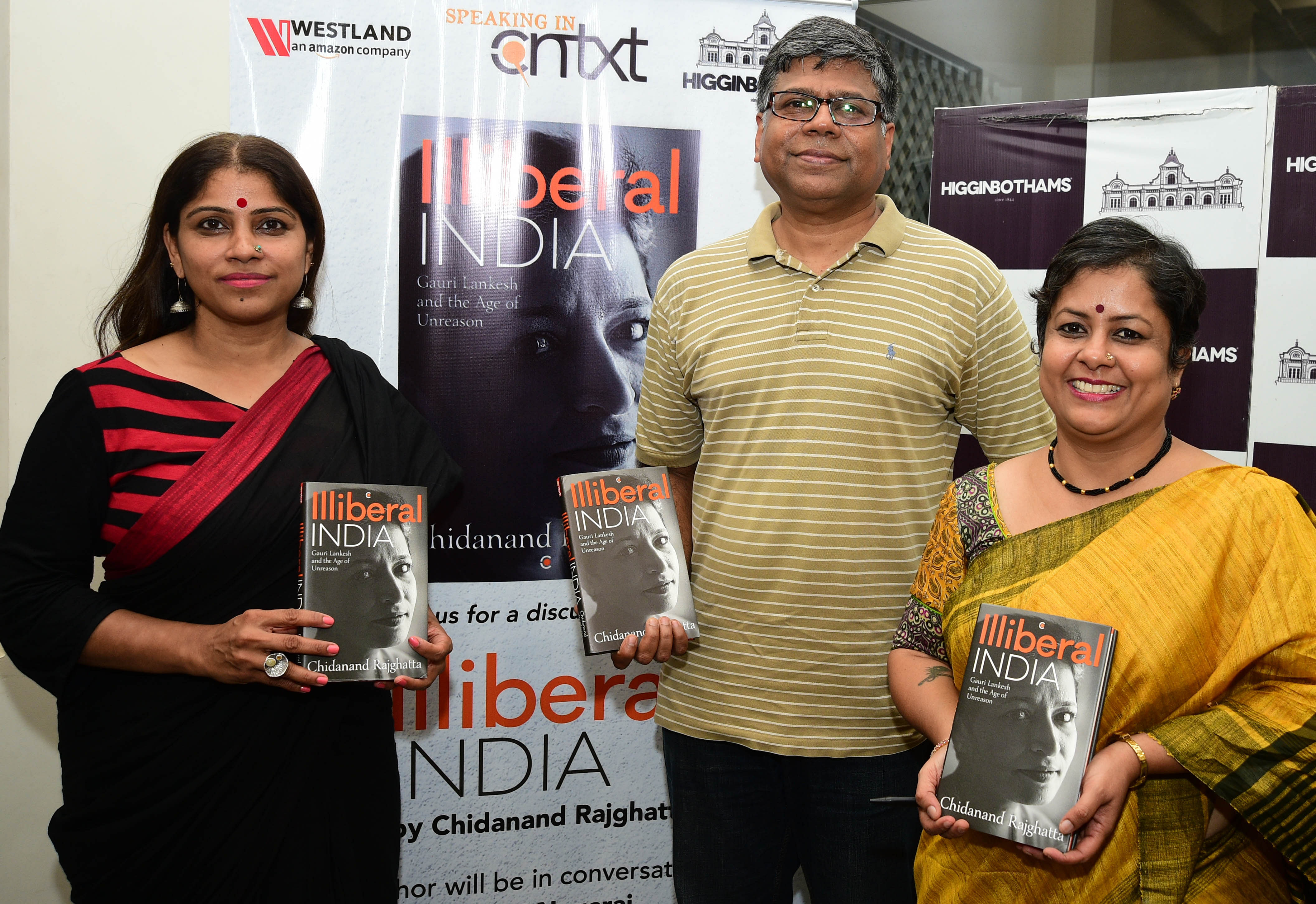 (From left) Vasanthi Hariprakash, Chidanand Rajghatta and Preethi Nagaraj at the  book launch at Higginbothams, MG Road. 