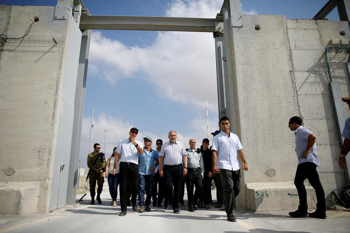 Israeli Defense Minister Avigdor Lieberman visits Gaza's Kerem Shalom crossing, the strip's main commercial border terminal, July 22, 2018. REUTERS