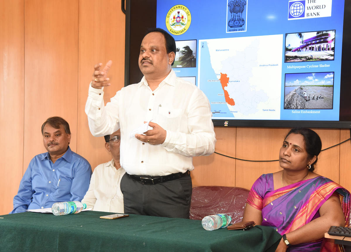 Zilla Panchayat CEO Dr M R Ravi speaks after inaugurating a district-level workshop on cyclone and flood management in Mangaluru on Tuesday.