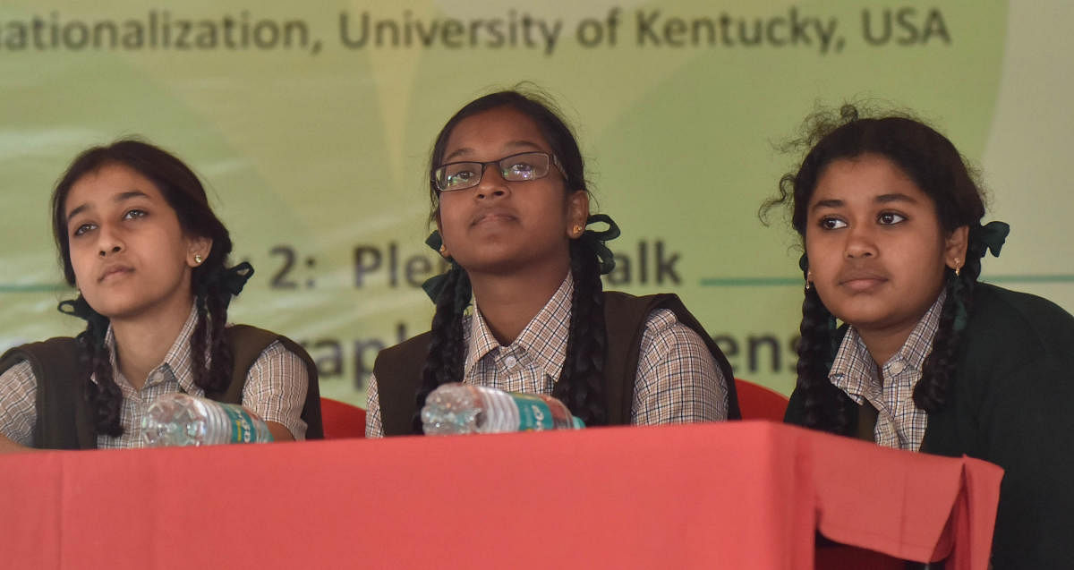 Students of Citizens English School, Class 10, (From left) Misbah Khannum, Fiza Banu and Saira Sheikh at the plenary talk on The Taboo Geographies of Menstruation during the 2nd day of international Geography Youth summit-2018 at Vidyanjali Academy for Learning organised by The Institute of Geographical Studies in Bengaluru on Saturday 21th 2018. DH Photo 