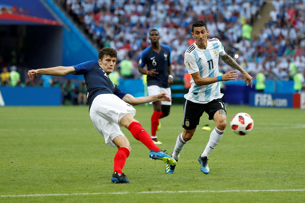 France's Benjamin Pavard scores against Argentina in their World Cup game on June 30. The goal was voted the best of the tournament.