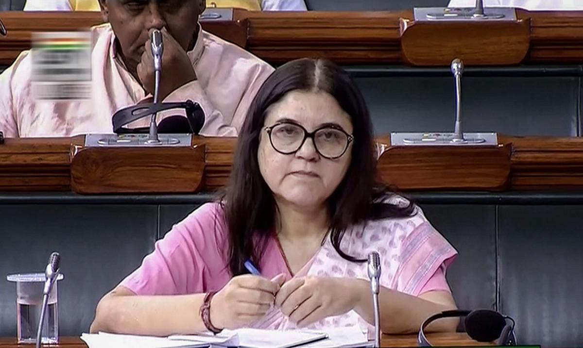 Union Minister for Women and Child Development Maneka Sanjay Gandhi attends the Monsoon session of Parliament in the Lok Sabha, in New Delhi on Thursday, July 26, 2018. (LSTV GRAB via PTI)