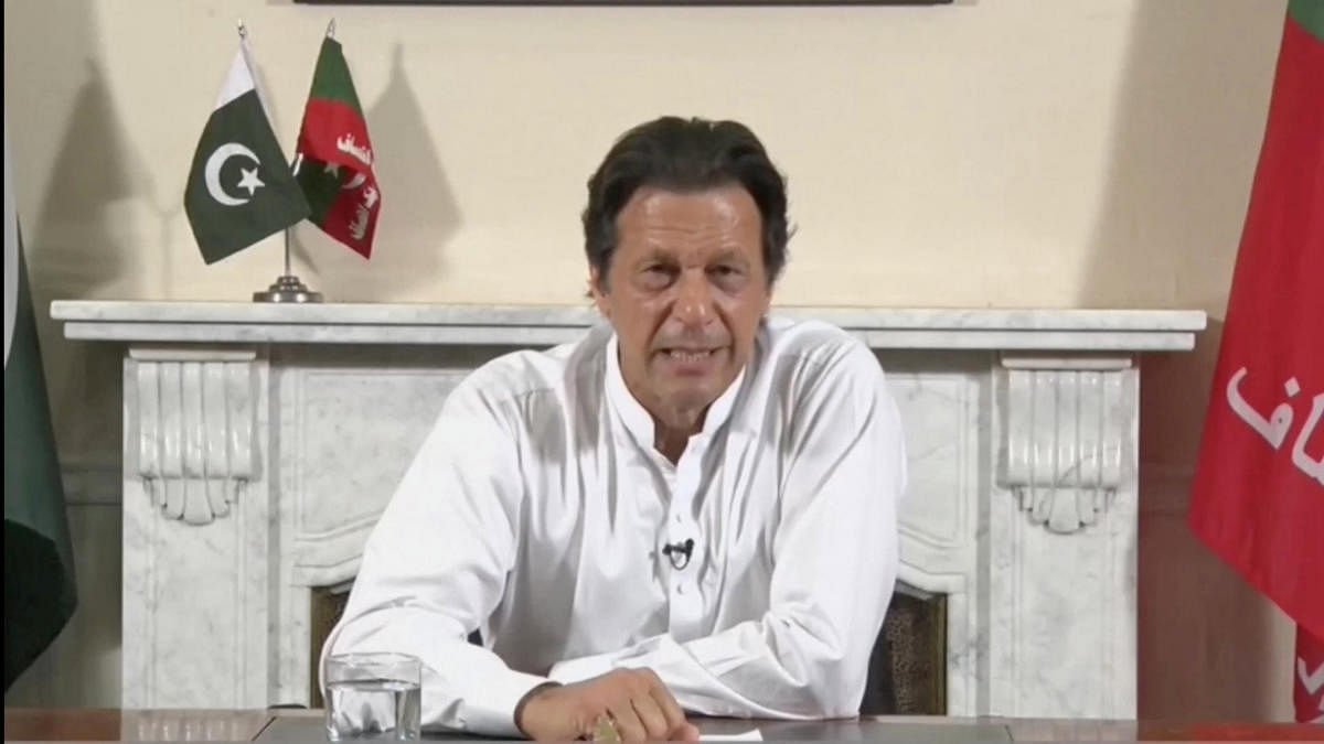 Cricket star-turned-politician Imran Khan, chairman of Pakistan Tehreek-e-Insaf (PTI), gives a speech as he declares victory in the general election in Islamabad, Pakistan, in this still image from a July 26, 2018 handout video by PTI.