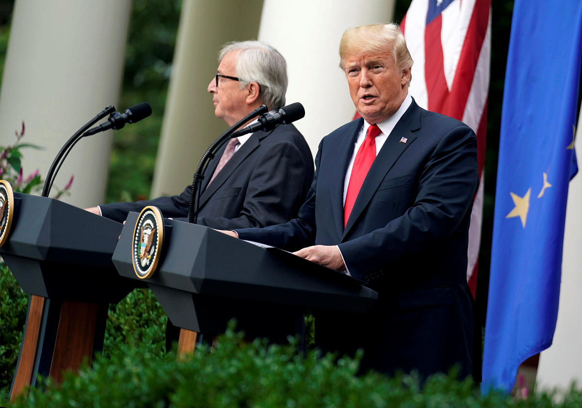 U.S. President Donald Trump and President of the European Commission Jean-Claude Juncker speak about trade relations in the Rose Garden of the White House in Washington, U.S., July 25, 2018. Reuters