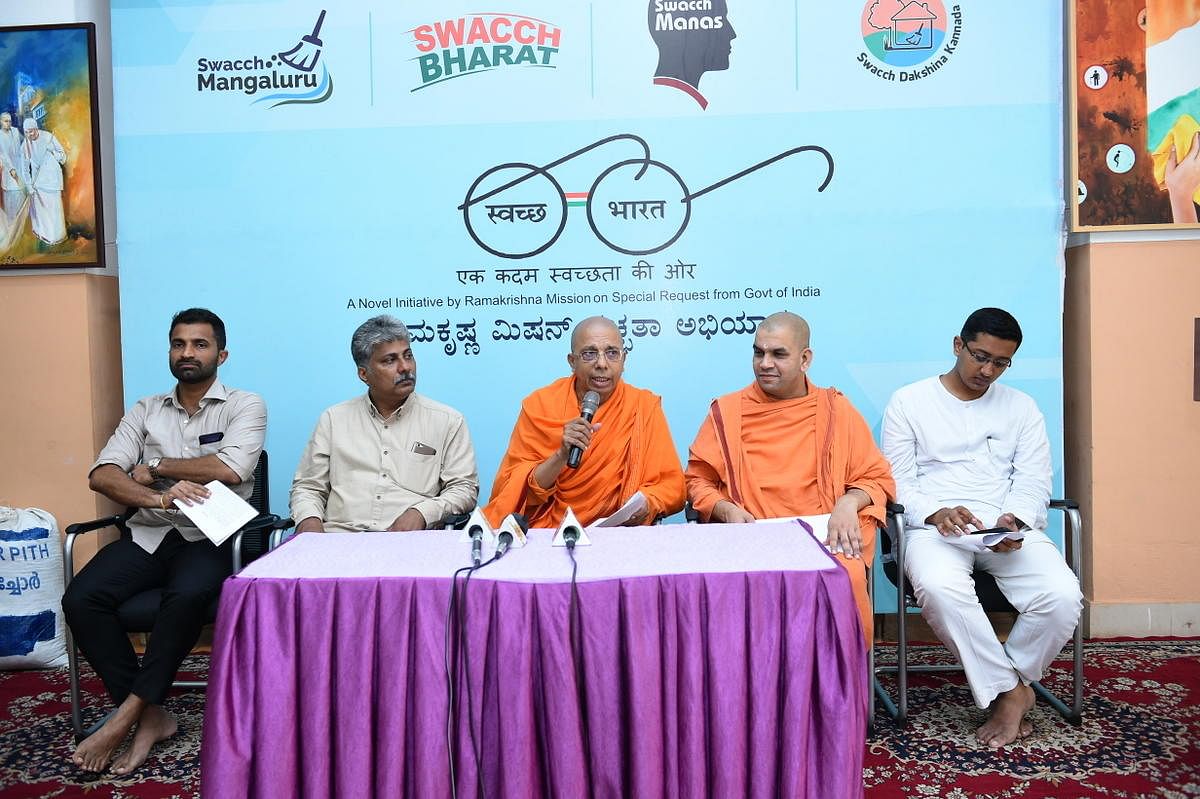 Swami Jitakamananda, Ramakrishna Mutt Mangaluru president, speaks at a press conference on the Mutt premises in Mangaluru on Thursday.