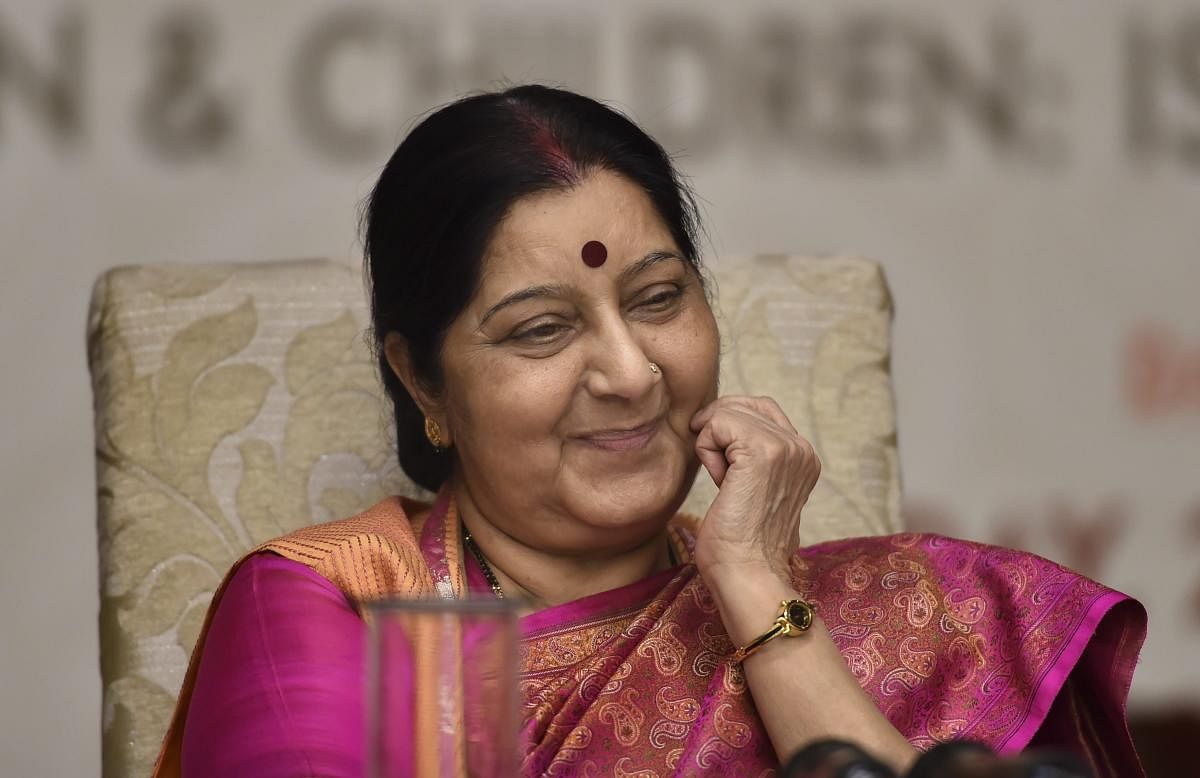 External Affairs Minister Sushma Swaraj looks on, during the 'National Conference on NRI marriages and trafficking of women and children', in New Delhi on Friday, July 27, 2018. (PTI)