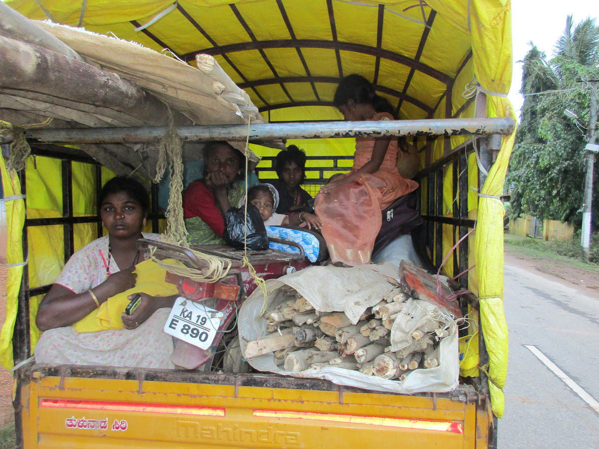 Nomadic tribe members leaving Seeguvani Circle in Bale Gram Panchayat jurisdiction in a vehicle.