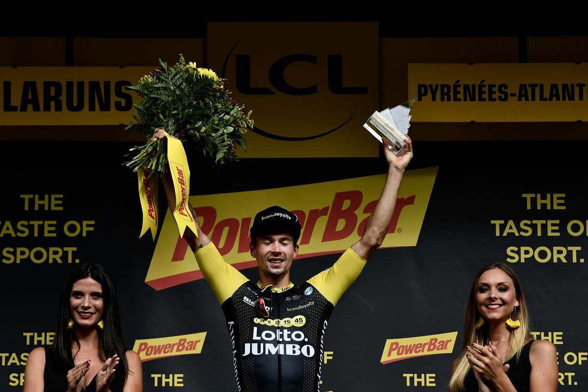 Slovenia's Primroz Roglic celebrates after winning the 19th stage of the Tour de France on Friday. AFP