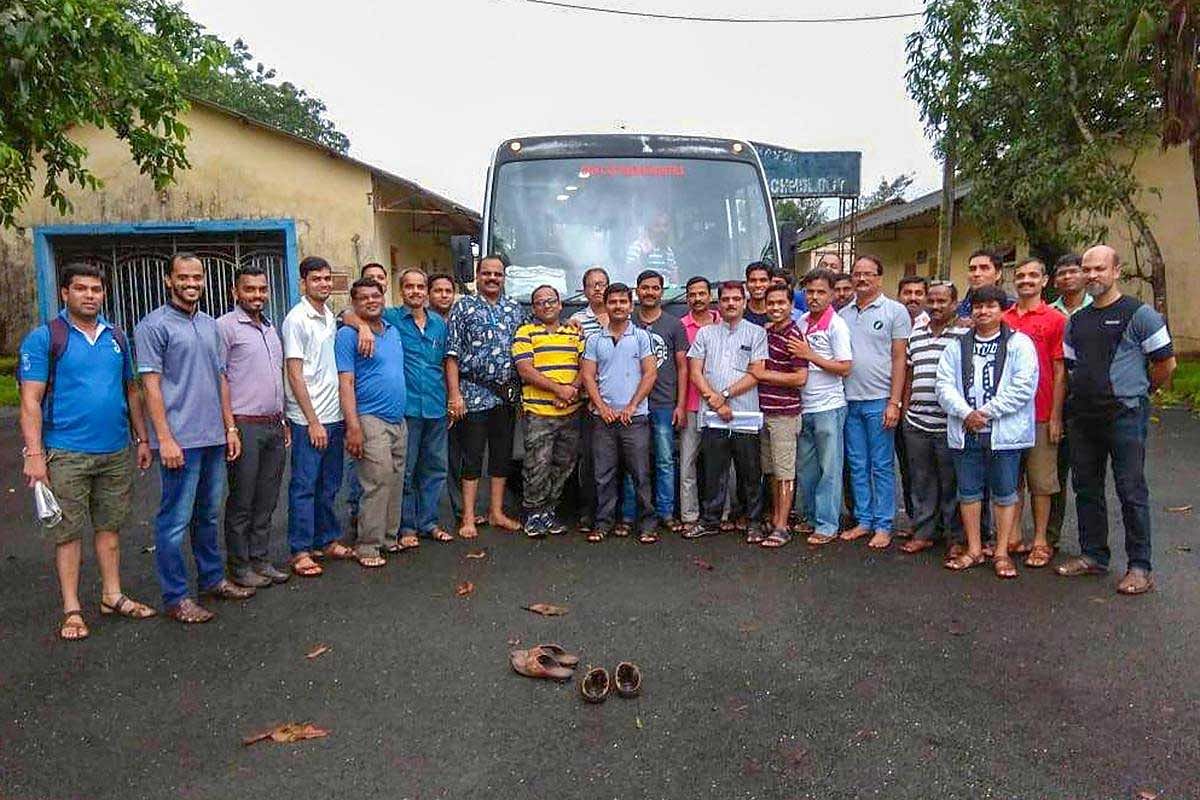 The group of staff members of an agriculture university in the Konkan region who were traveling in the bus, which later fell into a gorge, killing 33 passengers, in Raigad on Saturday, July 28, 2018. (PTI Photo) 