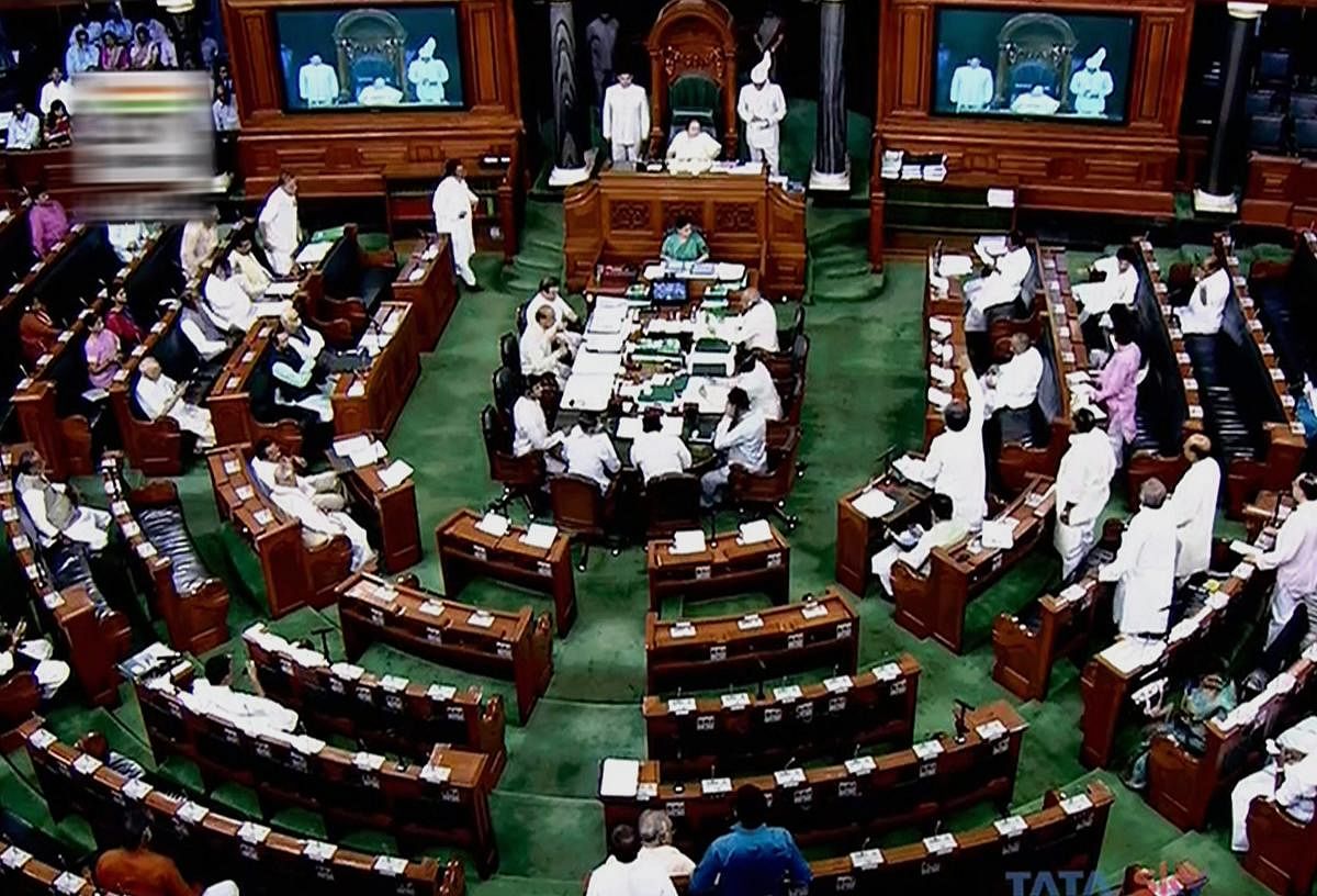A view of the Lok Sabha during the Monsoon session of Parliament, in New Delhi on Monday. LSTV Grab via PTI