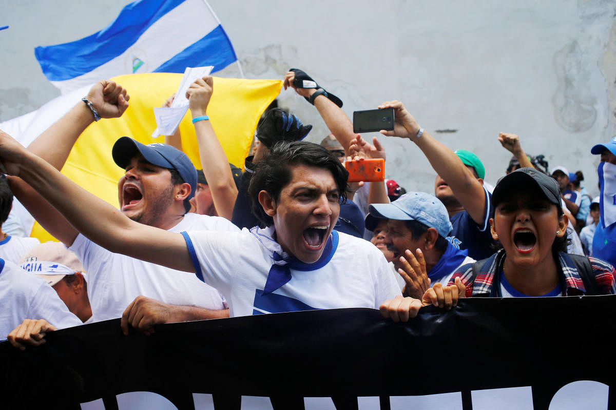 Students yell slogans during an anti-government protest outside the National Autonomous University of Nicaragua (UNAN) in Leon. Reuters