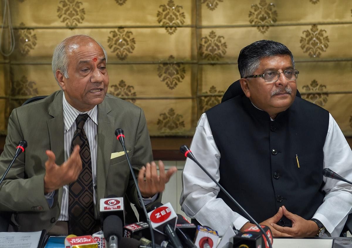 Justice B N Srikrishna addresses the media after submitting a report on 'Data Protection Framework' to Union Law Minister Ravi Shankar Prasad, in New Delhi on Friday, July 27,2018. (PTI Photo)