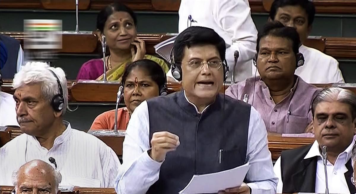 Finance Minister Piyush Goyal speaks in the Lok Sabha during the Monsoon session of Parliament, in New Delhi on Wednesday. (PTI Photo)
