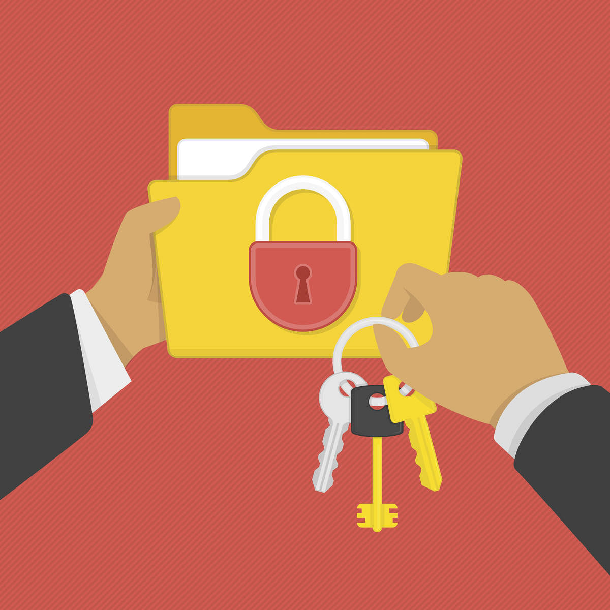 Flat illustration of security center. Yellow folder with lock and keys in the hands of man. Data protection, internet security flat illustration concepts.data