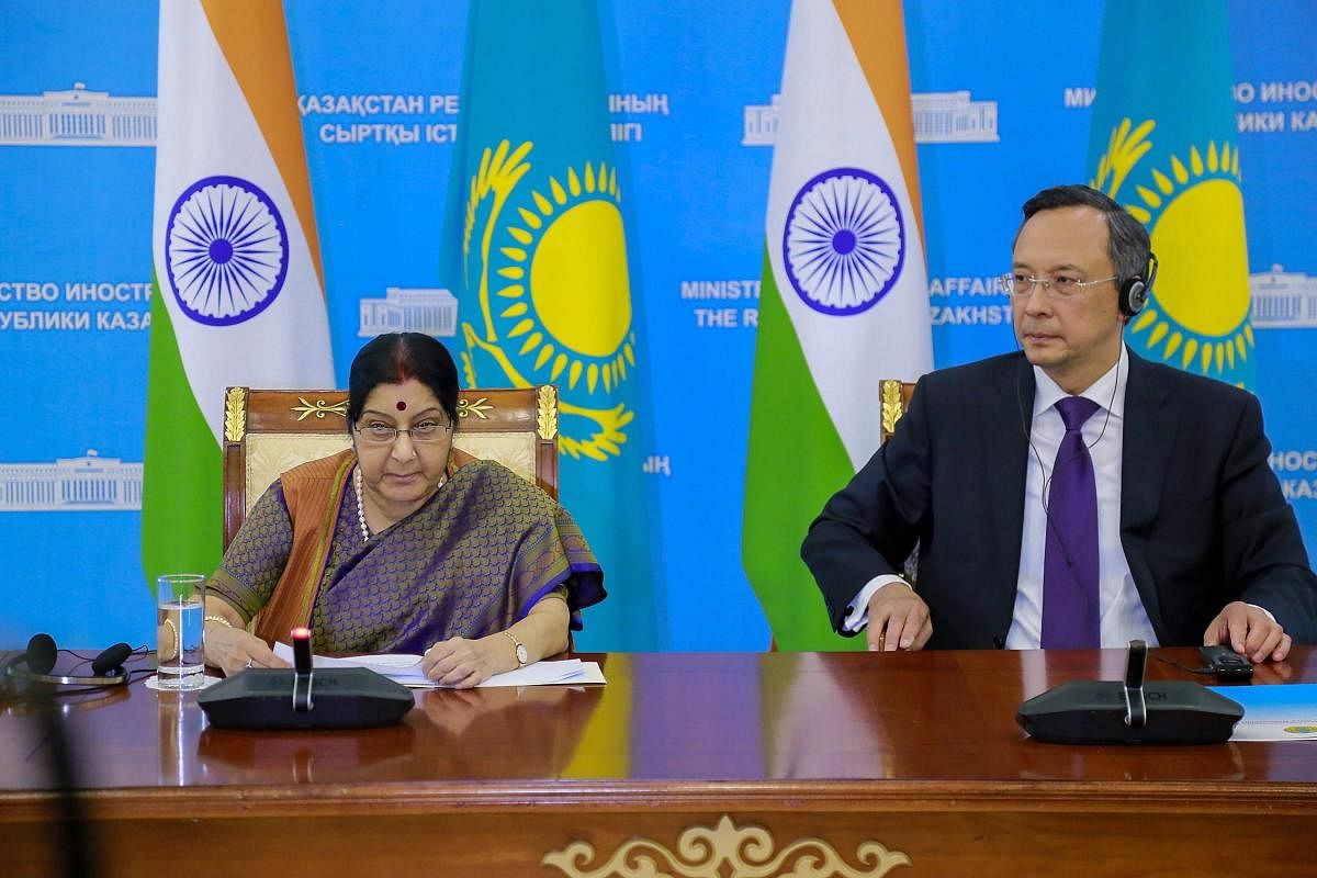 External Affairs Minister Sushma Swaraj with her Kazakhstani counterpart Kairat Abdrakhmanov during India-Kazakhstan Bilateral Meet, in Astana on Friday, Aug 3, 2018. (PTI Photo)