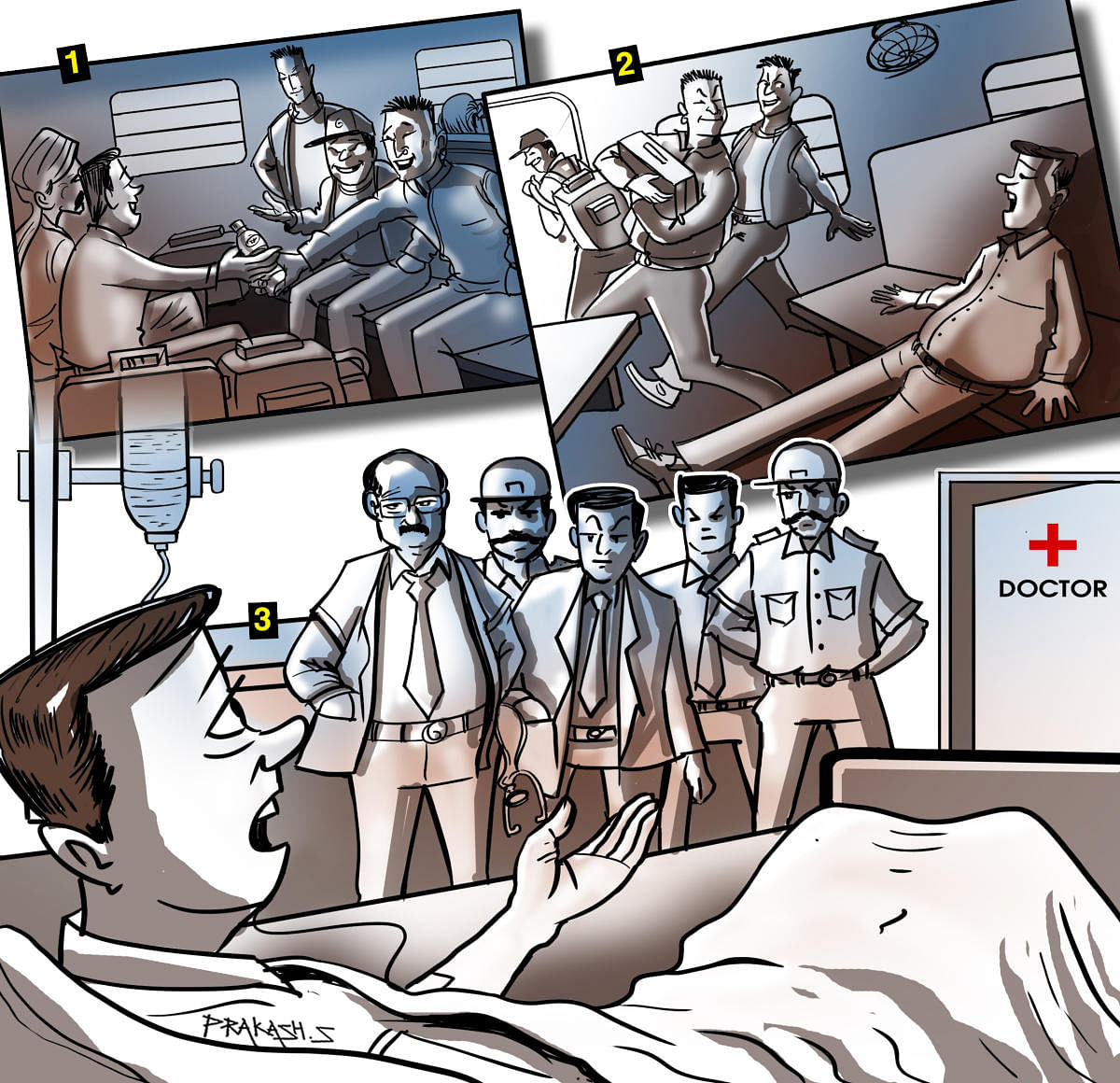 1. Gang of six offered sedative-laced juice in plastic cups to passengers on the KSR Bengaluru-New Delhi Karnataka Express. 2. The juice made the victims sleep for 25 hours at a stretch. The gang would then flee with all their valuables. 3. The passengers were so drowsy that they had to be hospitalised. DH Illustration/Prakash S