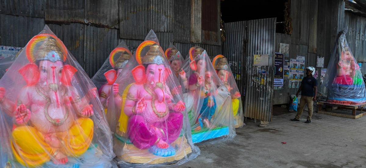 Ganesha idols made from Plaster of Paris kept on sale at RV Road in 2017. DH FILE PHOTO