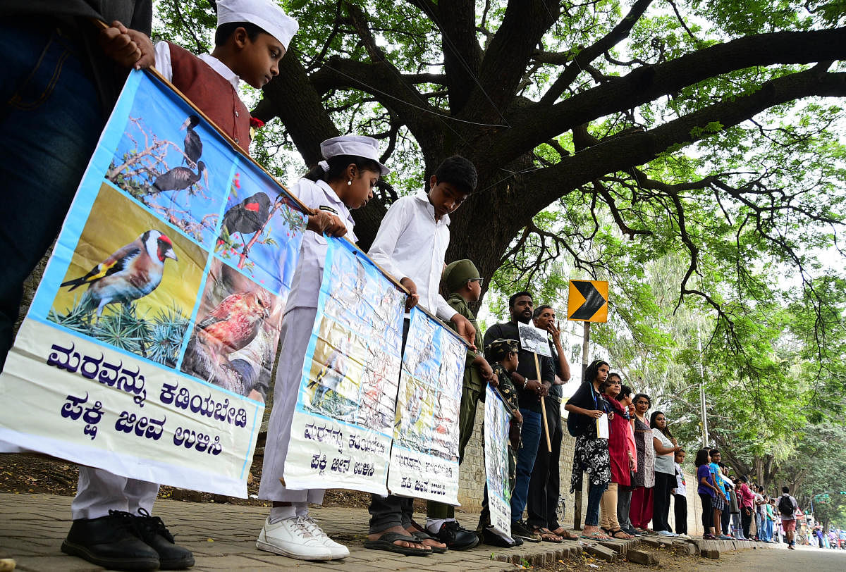 Citizens crated the human chain against the cutting of trees for the signal free corridor at HAL airport road in Bengaluru on Sunday.-Photo/ Krishnakumar P S