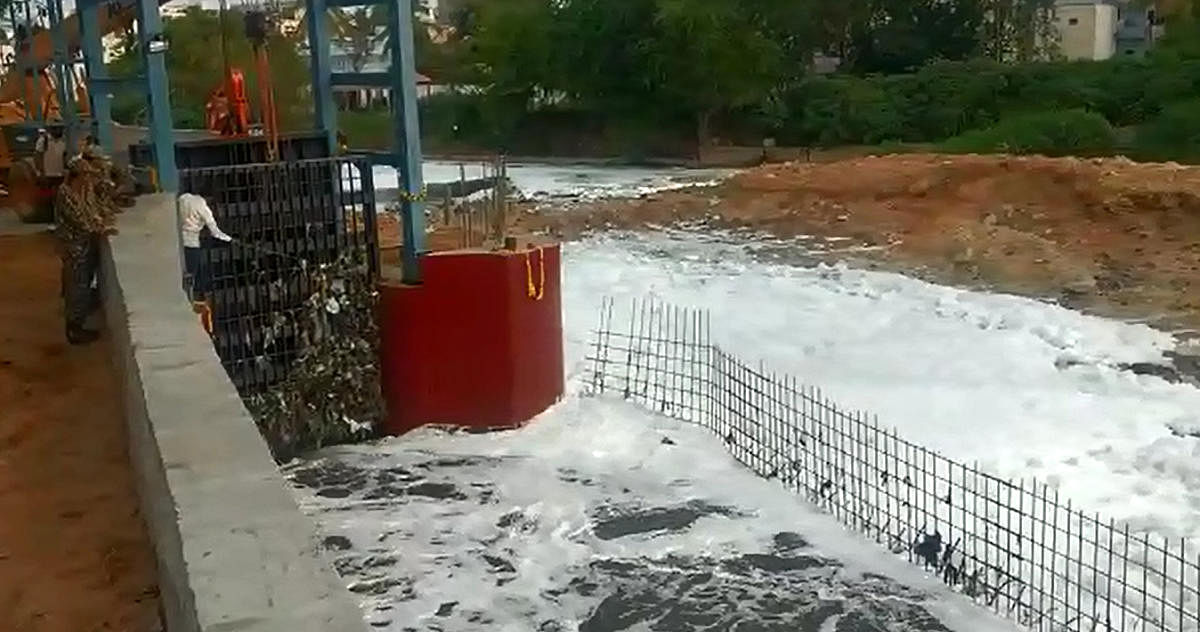 The sluice gate set up at Bellandur Kodi to check the frothing in the city’s largest lake. 