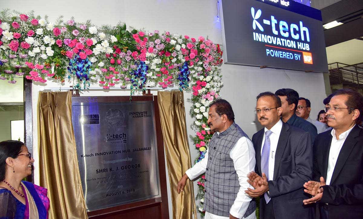 K. J. George,Minister of Large & Medium Scale Industries & Commerce, IT, BT & ST, Government of Karnataka inaugurate the KTK Innovation Hub at Jalahalli Metro Station, in Bengaluru on Monday. (From Left) Deepanwita Chattopadhyay, Chairman & CEO, IKP Knowledge Park Gaurav Gupta, Principal Secretary Dept. of Information Technology, Biotechnology and Science & Technology and R K Srivatsa, Advisor to Government, Department of IT BT & ST , Government of Karnataka are also seen. DH Photo