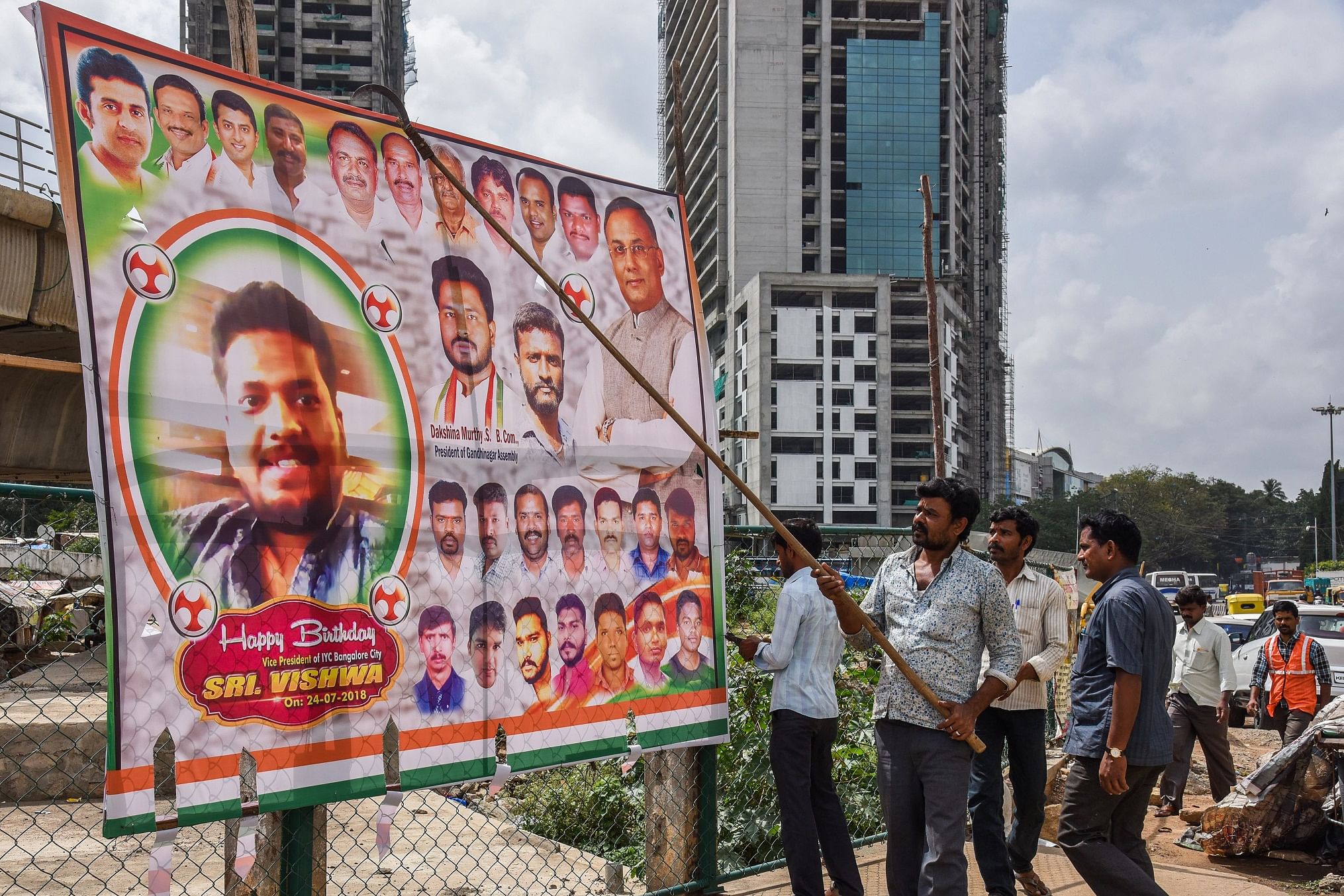 BBMP is removing illegal flexes across the city, following a High Court order. This display was on Sampige Road, Malleswaram, and was pulled down on August 2.