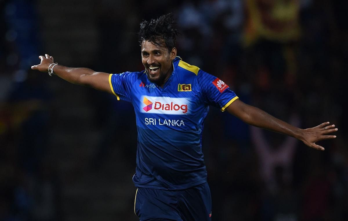 Sri Lanka's Suranga Lakmal celebrates after dismissing South Africa's David Miller during their fourth ODI match on Wednesday. AFP