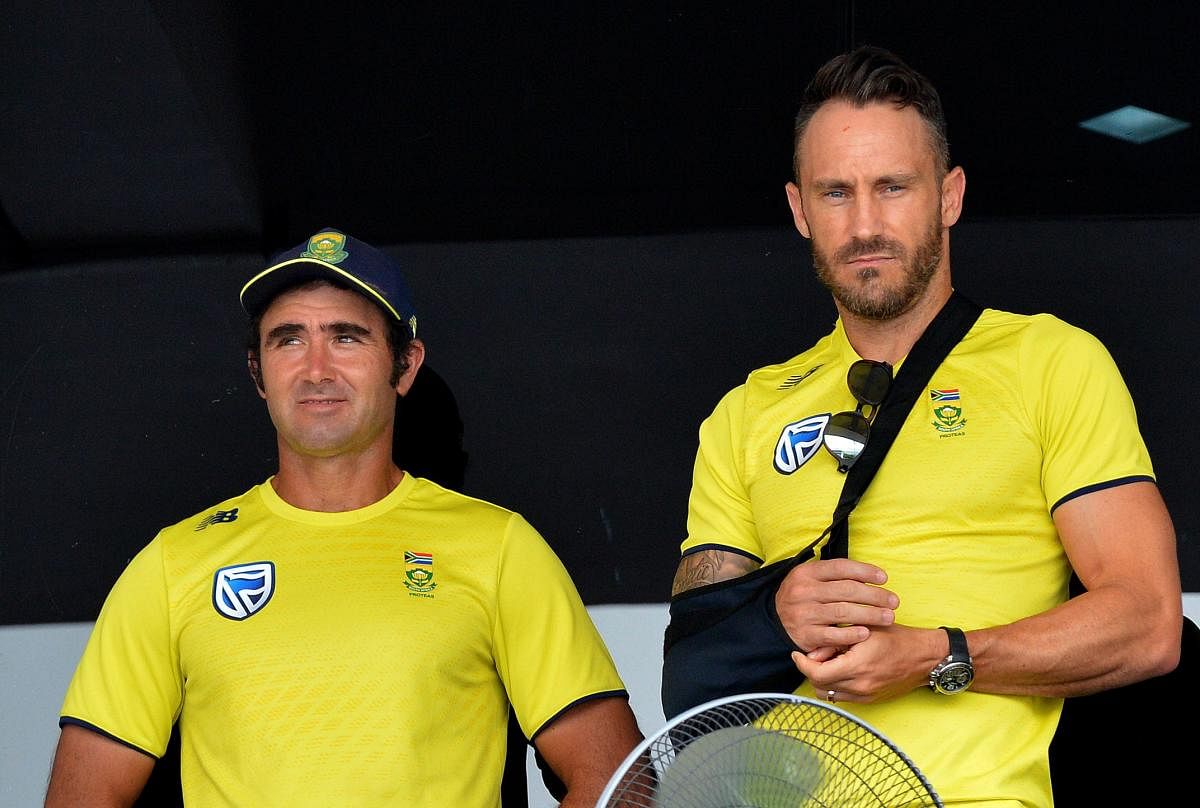 South Africa captain Faf du Plessis (right) might be out of action for a long period due to an elbow injury. AFP File Photo