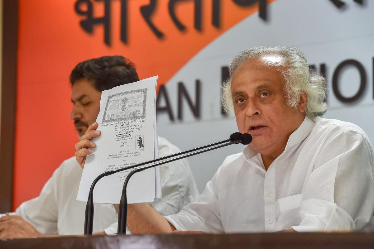 Former Union minister and Congress leader Jairam Ramesh addresses a press conference at AICC headquarters in New Delhi on Saturday. (PTI Photo)