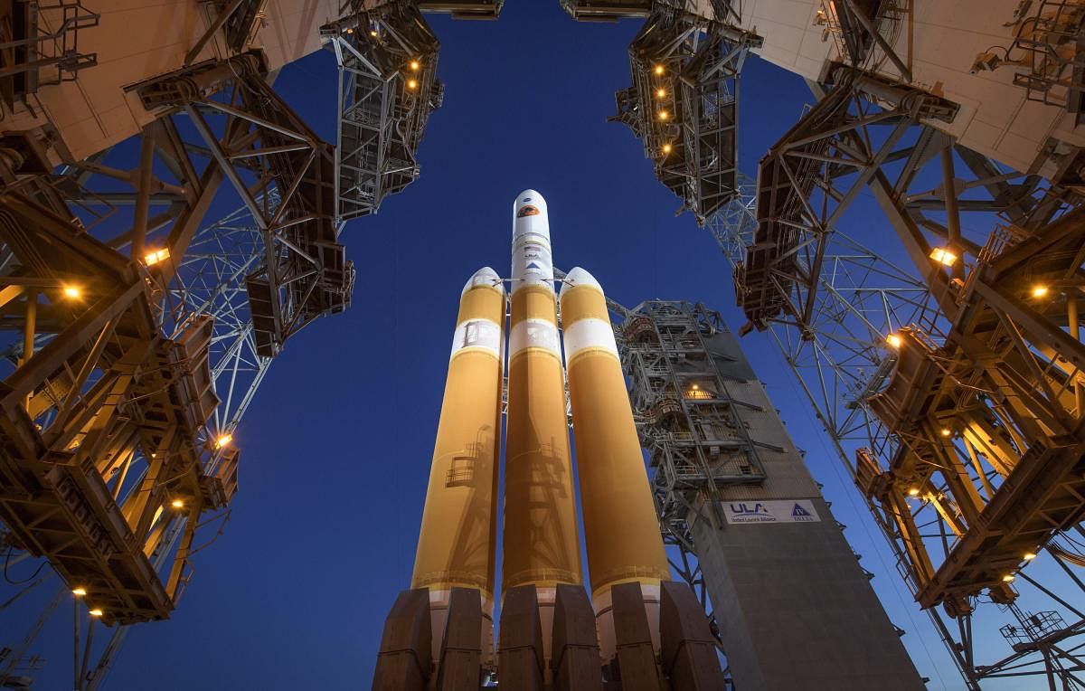 The Mobile Service Tower is rolled back to reveal the United Launch Alliance Delta IV Heavy rocket with the Parker Solar Probe onboard. AP/PTI photo.