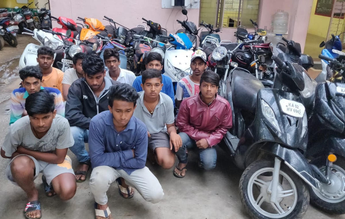 The 11 riders arrested by the Kumaraswamy Layout traffic police for performing wheelies on NICE Road on Sunday.