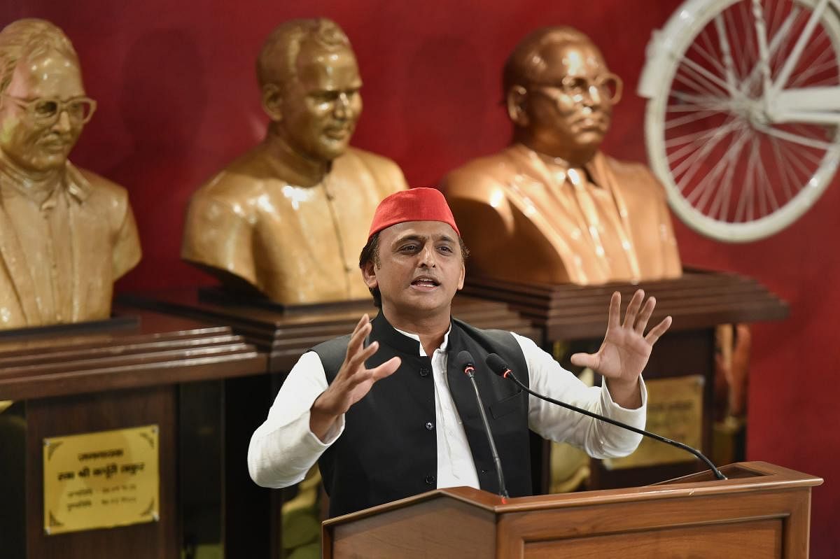Samajwadi Party President Akhilesh Yadav addresses a press conference at the party office, in Lucknow on Monday, Aug 13, 2018. PTI Photo