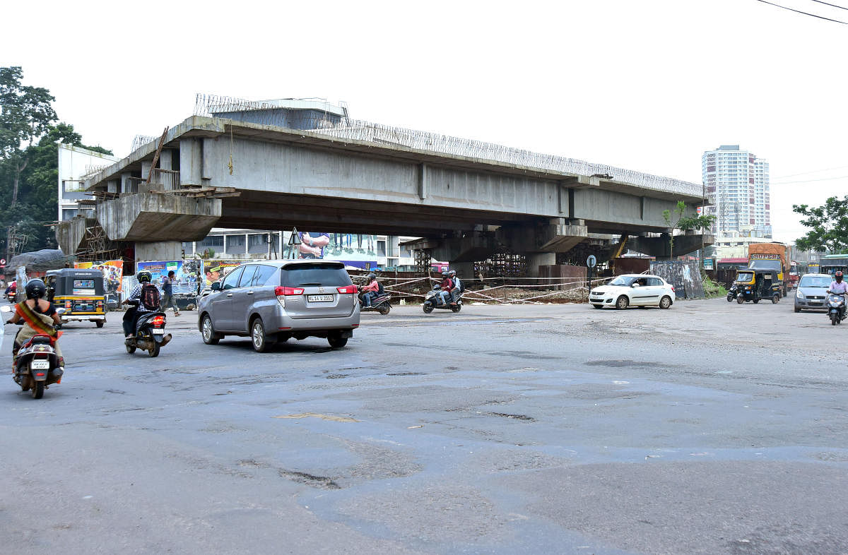 The works on flyover at Pumpwell Junction, Mangaluru, moving at a sluggish pace.