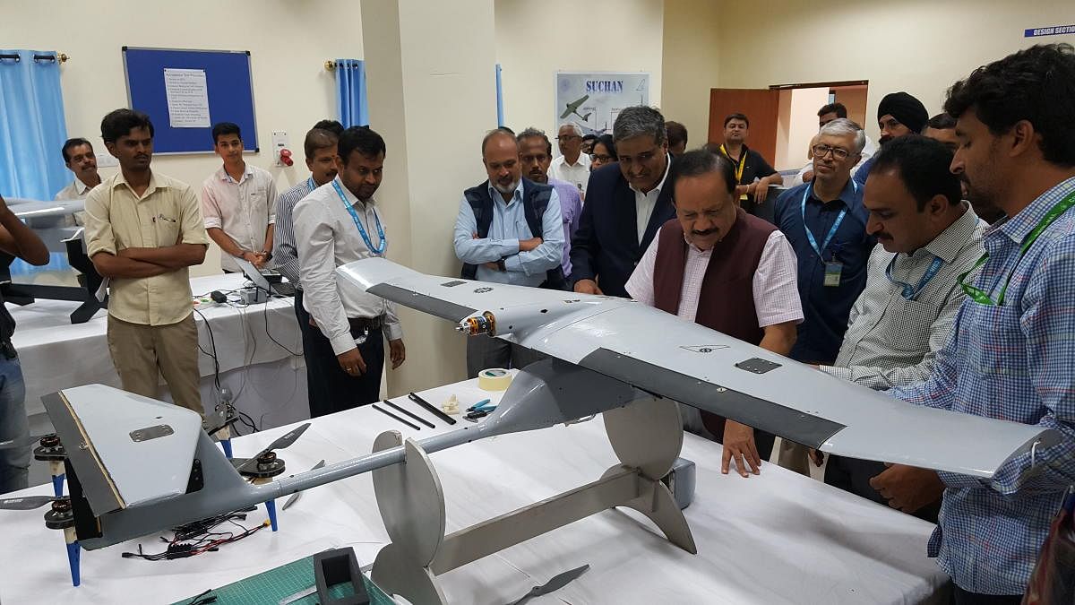 Union Minister Harsh Vardhan inspects the Suchan Unmanned Aerial Vehicle (UAV) at the National Aerospace Laboratories in Bengaluru on Monday.