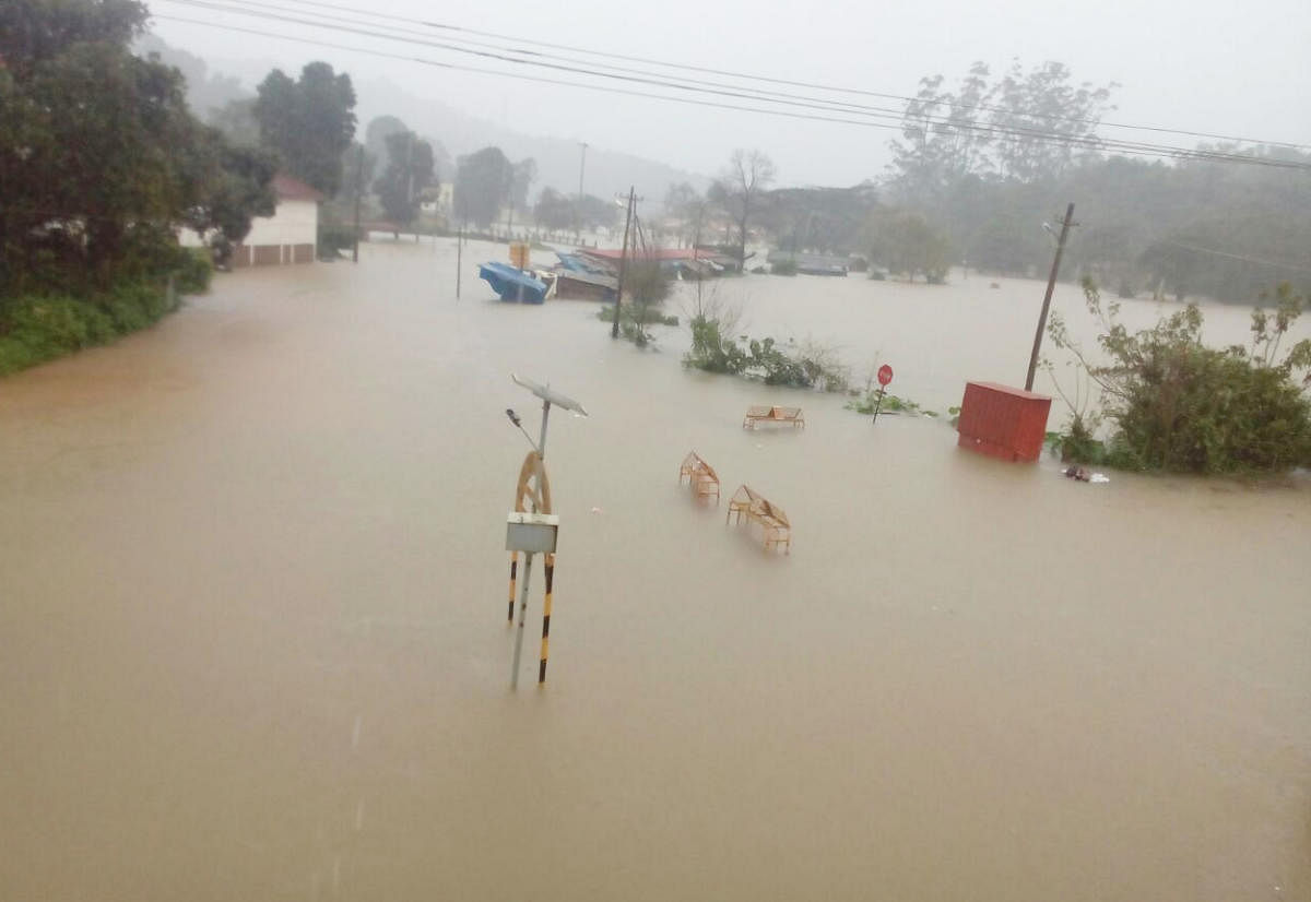The inundated Triveni Sangama at Bhagamandala in Madikeri.