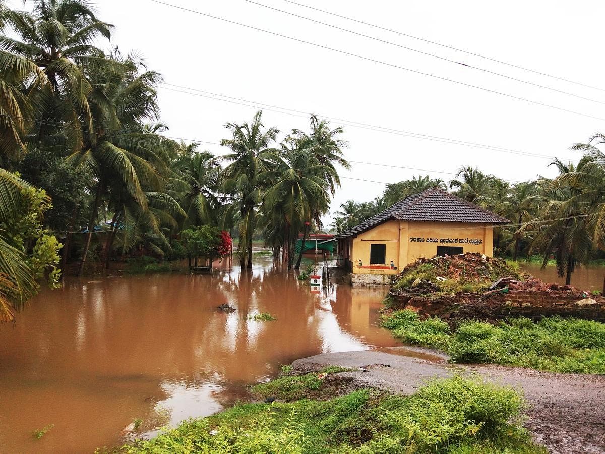 A view of the inundated Uppooru Government school, Udupi district.