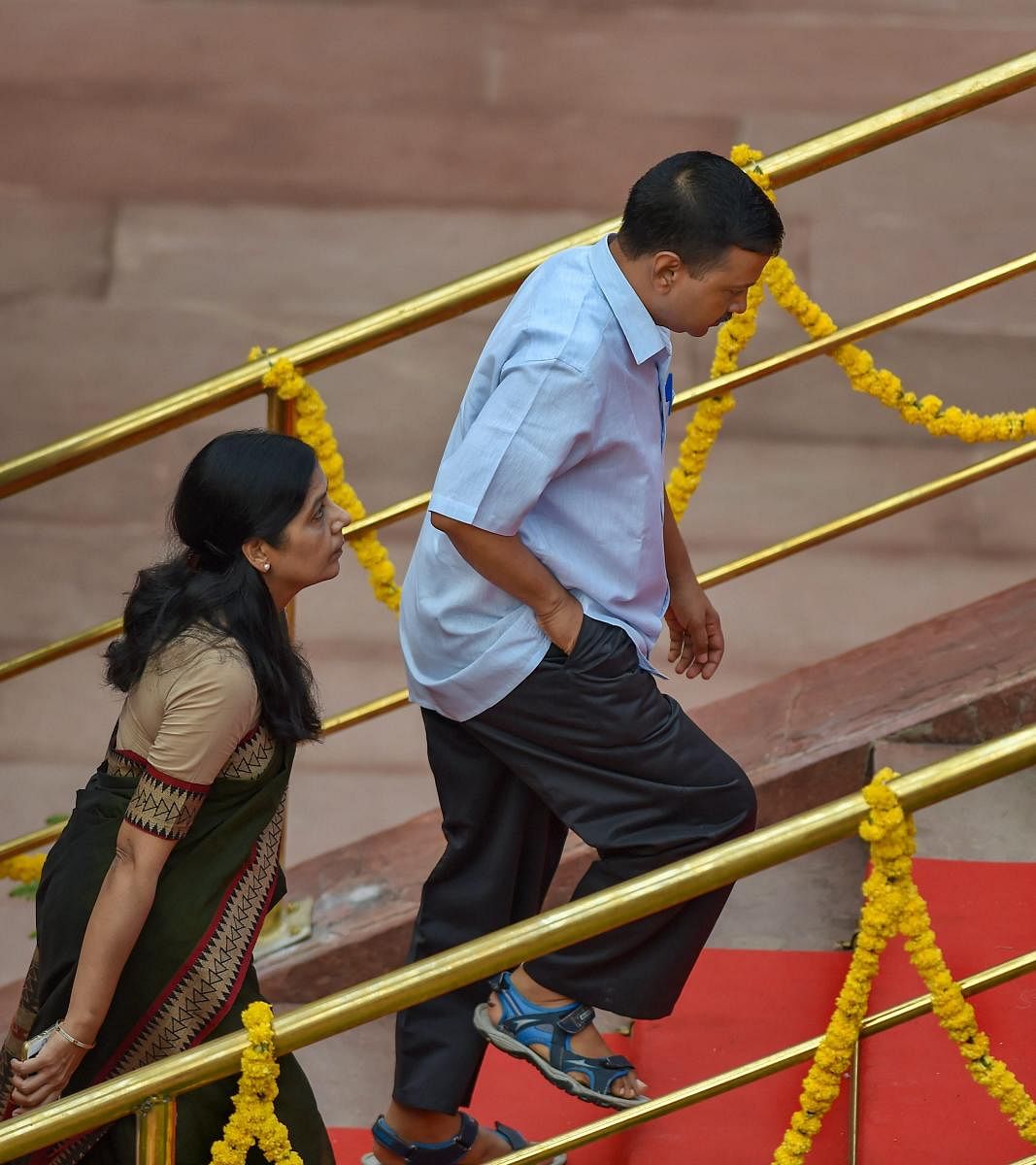 Delhi Chief Minister Arvind Kejriwal and his wife Sunita Kejriwal arrive to attend the 72nd Independence Day celebrations at the historic Red Fort, in New Delhi on Wednesday, August 15, 2018. PTI Photo