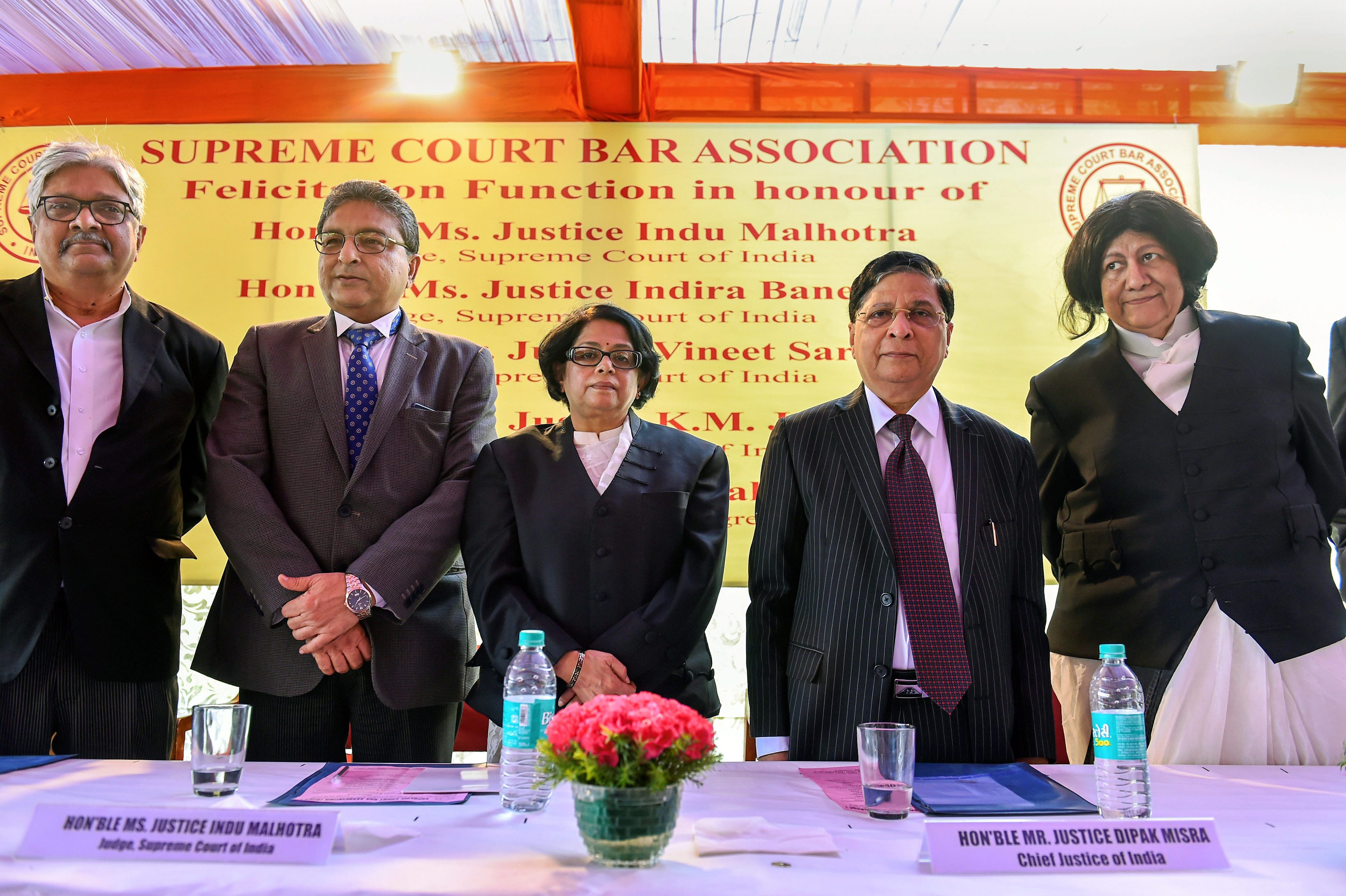 CJI Justice Dipak Misra (2nd R) during the felicitation function of Supreme Court Judges (L-R) Justice KM Joseph, Justice Vineet Saran, Justice Indu Malhotra, Justice Indira Banerjee at Supreme Court, in New Delhi on Tuesday, Aug 14, 2018. PTI